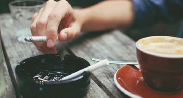 A photo of a burning cigarette next to a cup of chamomile tea. This image creates a stark contrast between the two methods of consuming chamomile.