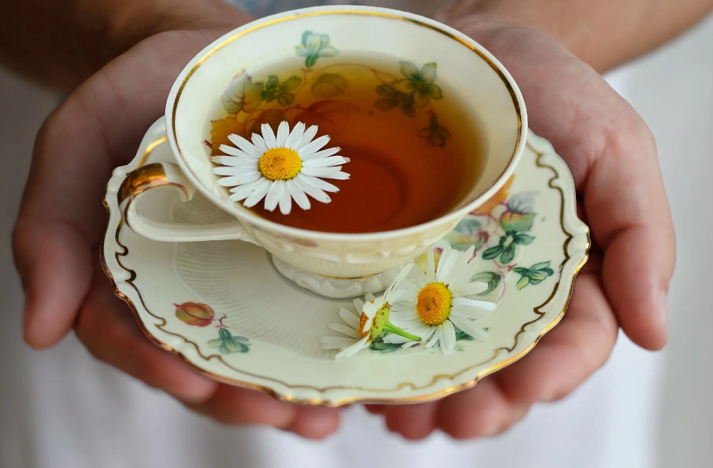 A photo of a person brewing a cup of chamomile tea.