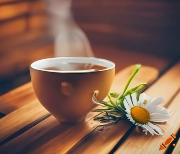 A photo of a steaming cup of chamomile tea on a cozy table, with a book or candle next to it. This image conveys the idea of relaxation and comfort.