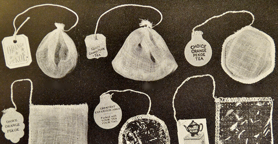 Develop a timeline image illustrating the evolution of tea bags from early paper cones to modern-day convenience.