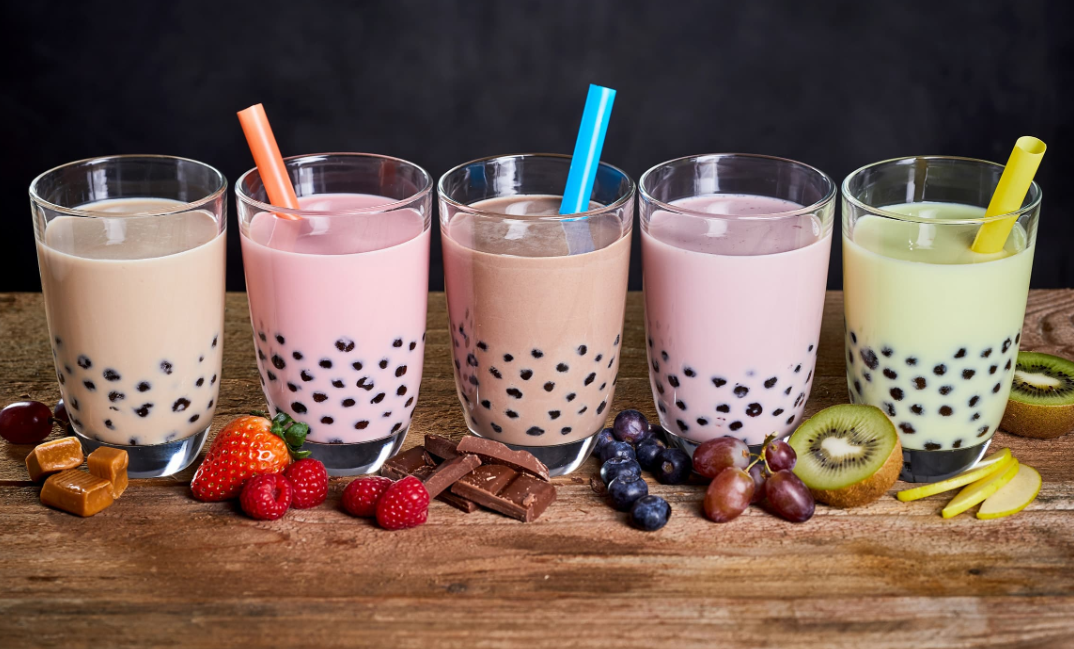 Images of bubble tea with various plant-based milk options.